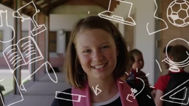 Анімація Шкільних Предметів Ікон Над Різними Школярами Розмовляють Посміхаються Глобальна — стокове відео