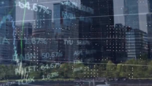 Animatie Van Verwerking Van Financiële Gegevens Stadsgezicht Wereldwijd Bedrijfs Computer — Stockvideo