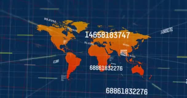 Dünya Haritasında Finansal Veri Işleme Animasyonu Küresel Ağlar Bağlantılar Hesaplama — Stok video
