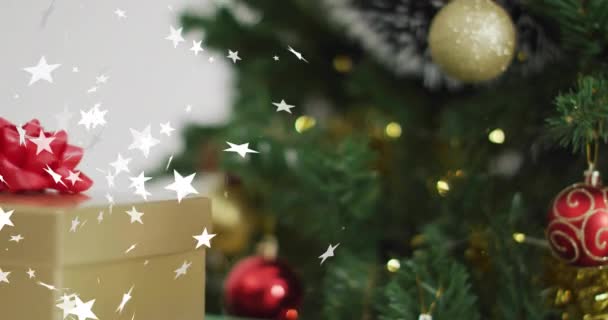Animation Stars Falling Christmas Tree Baubles Christmas Festivity Celebration Tradition — Stock Video