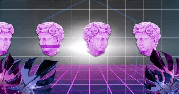 추상적인 배경에 그리드 패턴에 동상의 머리의 애니메이션 디지털 방식으로 생성하는 — 비디오