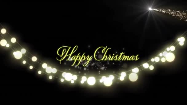 Animation Von Glücklichen Weihnachten Mit Lichterketten Über Hellen Flecken Auf — Stockvideo