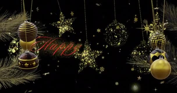Animación Texto Festivo Feliz Con Destello Lente Sobre Adornos Estrellas — Vídeos de Stock