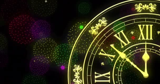 Анимация Часов Показывающих Полночь Взрыв Фейерверка Черном Фоне Новый Год — стоковое видео
