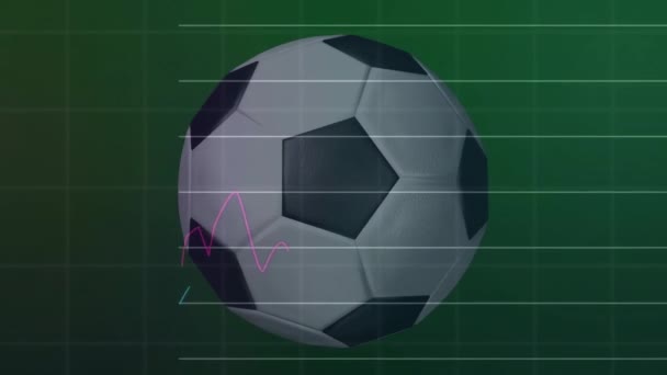 グリーンバックで回転するサッカーボールの上を移動する複数のグラフと数字のアニメーション デジタルコンポジット ビジネス レポート チャート スポーツ サッカー コンペティションコンセプト — ストック動画