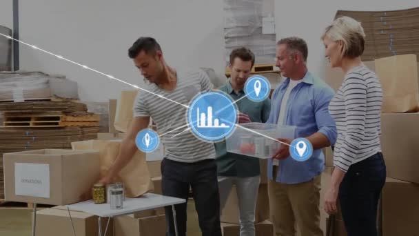 Animation Connected Icons Diverse Coworkers Placing Eatables Plastic Container Digital — Stock Video