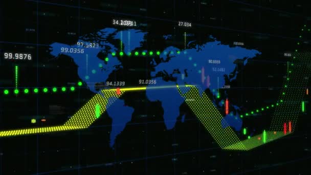 Dünya Haritasında Finansal Veri Işleme Animasyonu Küresel Bilgisayar Dijital Arayüz — Stok video