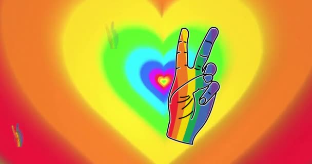 Animation Der Regenbogenhand Mit Siegesgesten Und Herzen Regenbogenfarbe Hintergrund Digital — Stockvideo