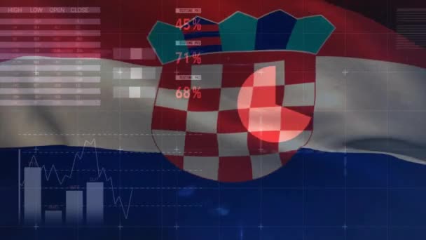 Animacja Statystyk Przetwarzanie Danych Finansowych Nad Banderą Chorwacji Koncepcja Globalnego — Wideo stockowe