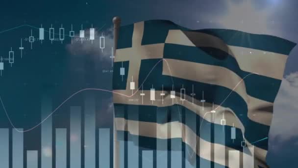Yunan Bayrağı Üzerinde Istatistik Mali Veri Işleme Animasyonu Küresel Finans — Stok video