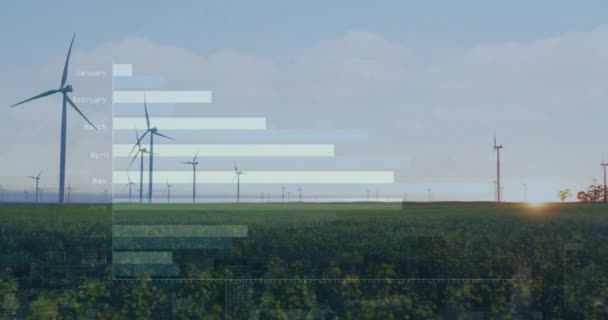 Animação Processamento Dados Diagramas Sobre Turbinas Eólicas Campo Conceito Global — Vídeo de Stock