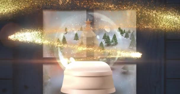 Анимация Падающих Звезд Вращающихся Над Рождественской Ёлкой Снежном Шаре Окна — стоковое видео