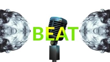 Sahne mikrofonunda beat metin animasyonu ve beyaz arka planda duman. Müzik, eğlence, olay ve parti konsepti dijital olarak oluşturulmuş video.