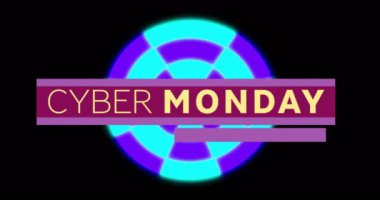 Pazartesi siber satış metninin animasyonu ve siyah arka planda mavi şekiller. Oyun, teknoloji ve sosyal medya konsepti, dijital olarak oluşturulmuş video.