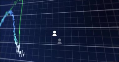 Izgara üzerindeki simgelerle veri işleme animasyonu. Küresel iş, bilgisayar, dijital arayüz, bağlantılar ve veri işleme kavramı dijital olarak oluşturuldu.