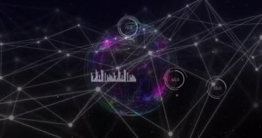 Grafiklerin animasyonu, daire içindeki değişen sayılar ve dünya üzerindeki bağlantılı noktalar. Dijital olarak oluşturulmuş, hologram, illüstrasyon, rapor, iş, ilerleme, büyüme, küresel iletişim ve bağlantı.