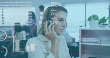 Ofisteki telefon kulaklığı kullanan Kafkas iş kadınının finansal veri işleme animasyonu. İş, finans, iletişim ve dijital arayüz kavramı dijital olarak oluşturulmuş video.