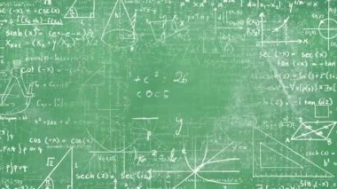 Matematiksel denklemin animasyonu ve yeşil arkaplan üzerinde diyagramlar. Dijital olarak üretilen hologram, illüstrasyon, çözüm, toplamlar, çizimler, soyut ve eğitim kavramı.