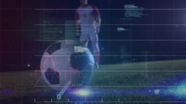 Kafkas futbolcunun futbol topunu tekmeleyen alt kısmı üzerinde grafiklerin ve bilgisayar dilinin animasyonu. Dijital bileşim, iş dünyası, rapor, ilerleme, kodlama, spor, futbol, zemin ve rekabet.