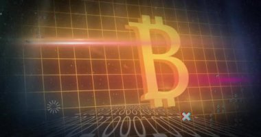 Izgara deseninin animasyonu, ikili kodlar ve kara arkaplan üzerinde parlayan bitcoin sembolü. Dijital olarak üretilmiş, hologram, illüstrasyon, üç boyutlu, kripto para ve bankacılık kavramı.