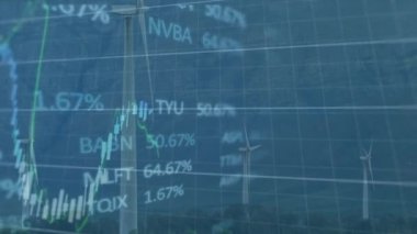 Çoklu grafiklerin animasyonu ve dağlara ve gökyüzüne karşı dönen yel değirmenlerinin üzerinde ticaret tahtası. Dijital bileşik, çoklu pozlama, rapor, iş, büyüme, borsa ve sürdürülebilir enerji.