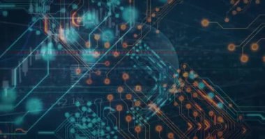 Soyut arka planda dönen dünya üzerinde grafiklerin ve devre kartı desenlerinin animasyonu. Dijital olarak üretilen hologram, illüstrasyon, rapor, iş dünyası, küreselleşme ve teknoloji kavramı.