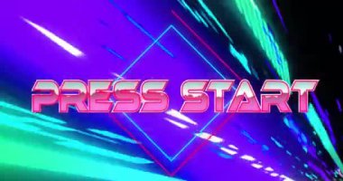 Basın animasyonu siyah arkaplan üzerindeki renkli ışıklar üzerinden metne başla. Şekil, renk, yazı, teknoloji, eğlence ve ışık konsepti dijital olarak oluşturulmuş video.