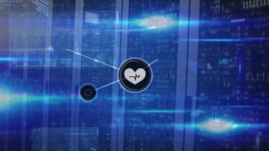 Bilgisayar sunucularındaki bağlantılarla veri işleme animasyonu. Küresel iş, bilgisayar, dijital arayüz, bağlantılar ve veri işleme kavramı dijital olarak oluşturuldu.