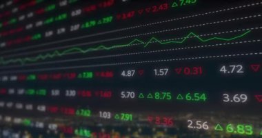 Şehir manzarası üzerinde finansal veri işleme animasyonu. Küresel iş, finans, bağlantılar, hesaplama ve veri işleme kavramı dijital olarak oluşturulmuş video.