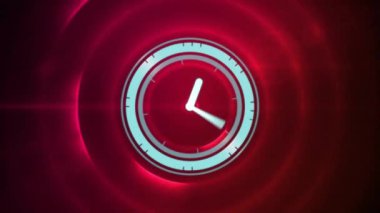 Saatin animasyonu pırıl pırıl parlayan pembe halkalar üzerinde ileri gidiyor. Zaman, hareket ve renk konsepti dijital olarak oluşturulmuş video.