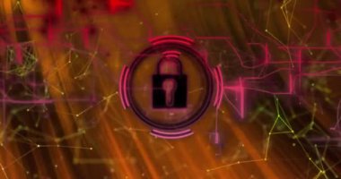 Çemberlerdeki asma kilidin animasyonu, yön bulma şablonu ve soyut arkaplanda bağlı noktalar. Dijital olarak üretilmiş, hologram, illüstrasyon, koruma, iletişim ve teknoloji kavramı.