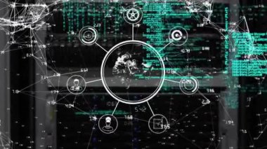 Akış şeması, dünya, soyut arkaplan üzerinden bilgisayar diline bağlı noktaların animasyonu. Dijital bileşik, çoklu pozlama, iletişim, küreselleşme, programlama dili ve teknoloji.