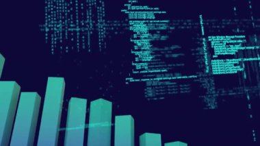 Siyah arkaplana karşı 3d çubuk grafiği ve bilgisayar dilinin animasyonu. Dijital olarak üretilen hologram, illüstrasyon, rapor, iş dünyası, kodlama, programlama dili ve teknoloji kavramı.