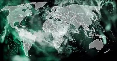 Siyah arkaplanda dünya haritasıyla bağlantı ağının animasyonu. Küresel ağlar, bağlantılar, hesaplama ve veri işleme kavramı dijital olarak oluşturulmuş video.