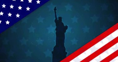 Amerikan bayrağının mavi arka planda Özgürlük Heykeli üzerinde canlandırılması. Vatanseverlik ve kutlama konsepti dijital olarak oluşturulmuş video.