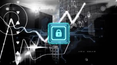 Veri işleme üzerine dijital asma kilit animasyonu. Dijital olarak oluşturulan çevrimiçi siber güvenlik, bağlantılar, hesaplama ve veri işleme kavramı.