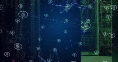Karanlık bilgisayar sunucu odasının üzerinde ai anakartlı ağ ve beyinlerin animasyonu. Ai, bağlantı, veri, iletişim ve dijital arayüz teknolojisi, dijital olarak oluşturulmuş video.