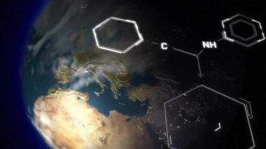 Molekül yapılarının animasyonu ve soyut arka planda dönen dünya. Dijital olarak üretilmiş, hologram, illüstrasyon, anatomi, tıbbi, araştırma, küresel iletişim ve bağlantı kavramı.