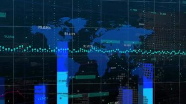 Dünya haritasında finansal veri işleme animasyonu. Küresel iş, bilgisayar, dijital arayüz, bağlantılar ve veri işleme kavramı dijital olarak oluşturuldu.