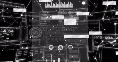 Ekranlarda finansal veri işleme animasyonu. Küresel finans, iş, bağlantılar, hesaplama ve veri işleme kavramı dijital olarak oluşturulmuş video.