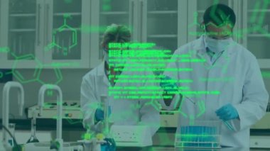 Laboratuvardaki beyaz erkek ve kadın bilim adamı üzerinde kimyasal formülle veri işleme animasyonu. Bilim, tıp ve veri işleme kavramı dijital olarak oluşturulmuş video.