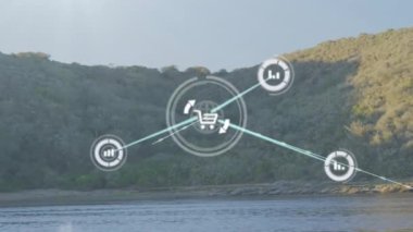 Manzara üzerindeki simgelerle bağlantı ağının animasyonu. Küresel iş, bağlantılar, hesaplama ve veri işleme kavramı dijital olarak oluşturulmuş video.
