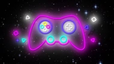 Oyun konsolu etrafında siyah arkaplan üzerinde yıldızlar olan geometrik şekiller ve şimşeklerin animasyonu. Dijital olarak üretilmiş, hologram, illüstrasyon, aydınlatılmış, video oyunu ve teknoloji konsepti.