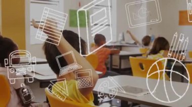 Eğitim okulu ikonlarının sınıftaki çeşitli okul çocukları üzerindeki animasyonu. Küresel eğitim, öğrenim ve ilkokul konsepti dijital olarak oluşturuldu.