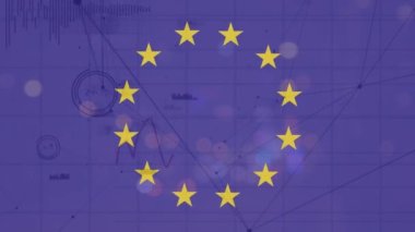 eu bayrağı üzerinde dönen dairelerin animasyonu ve gece şehir trafiğine karşı istatistiksel veri işleme. Küresel ekonomi ve finans kavramı