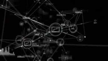 Siyah arkaplan üzerindeki simgelerle bağlantı ağının animasyonu. Küresel ağlar, bağlantılar, hesaplama ve veri işleme kavramı dijital olarak oluşturulmuş video.