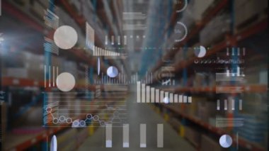 Grafiklerin animasyonu, daireler yükleme ve depo üzerinden alım satım tahtası. Dijital bileşik, çoklu pozlama, rapor, iş, ilerleme, borsa, envanter, nakliye ve dağıtım kavramı.