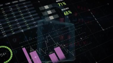 Çevrimiçi güvenlik kilidi üzerinden finansal veri işleme animasyonu. Küresel siber güvenlik, finans, iş, bağlantılar, hesaplama ve veri işleme kavramı dijital olarak oluşturulmuş video.