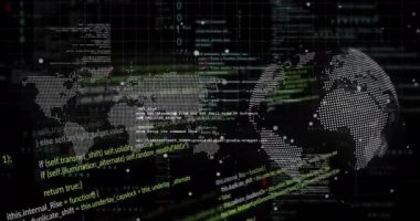 Dünya haritası üzerinde veri işleme animasyonu ve siyah arkaplan üzerinde dünya. Küresel iş, ağlar, bağlantılar, hesaplama ve veri işleme kavramı dijital olarak oluşturulmuş video.