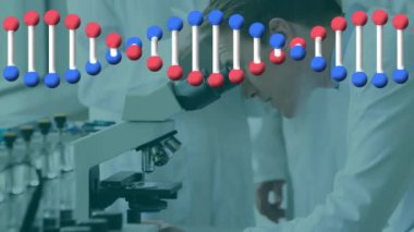 Laboratuvarda çalışan çeşitli bilim adamlarının DNA dizilerinin animasyonu. Bilim, bilgisayar ve dijital arayüz kavramı dijital olarak oluşturulmuş video.